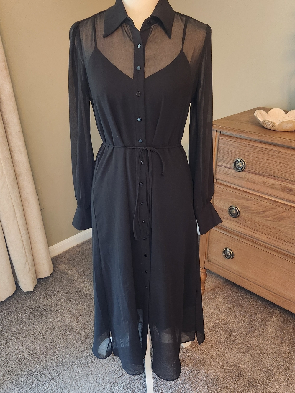 White House Black Market Black Sheer-Sleeve Midi Shirt Dress